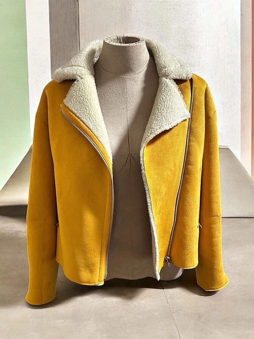 Zara Faux Suede Shearling Moto Jacket Yellow & White Size Medium